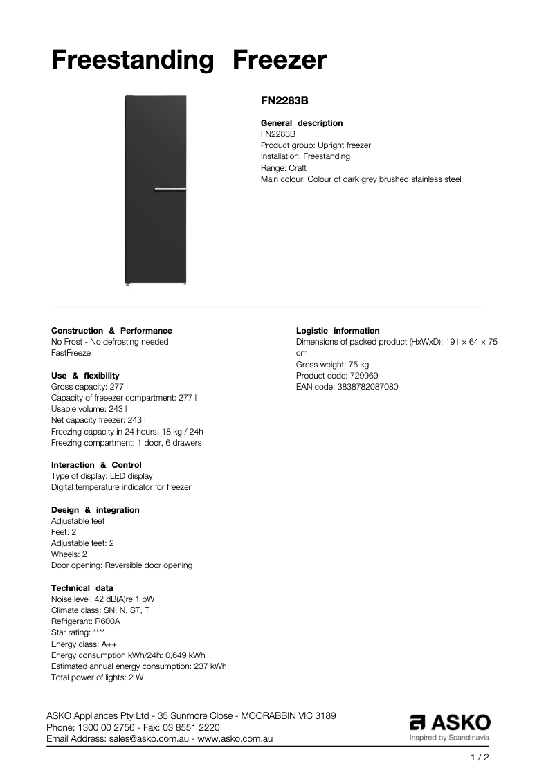 Page n°1 - Fiche technique Asko FN2283B