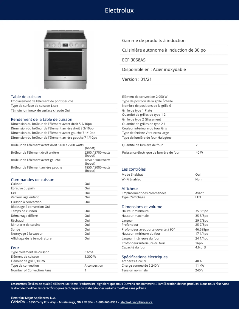 Page 1 de la notice Fiche technique Electrolux ECFI3068AS