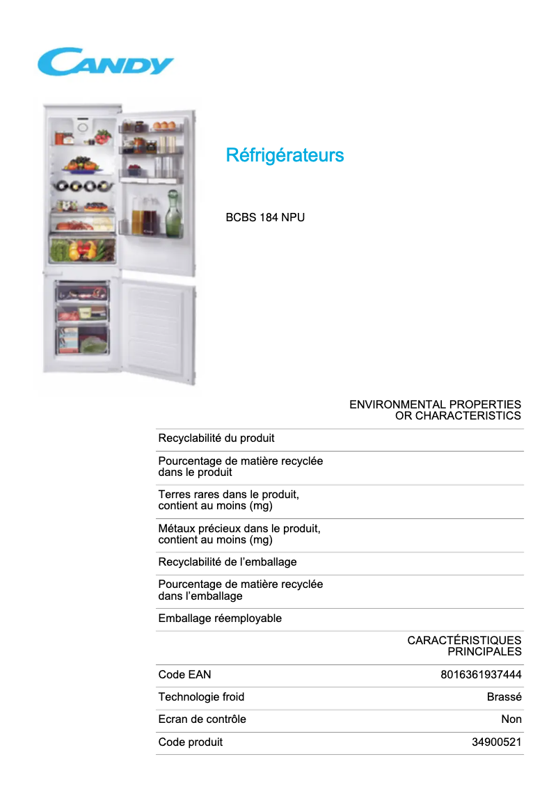Page 1 de la notice Fiche technique Candy BCBS 184 NPU