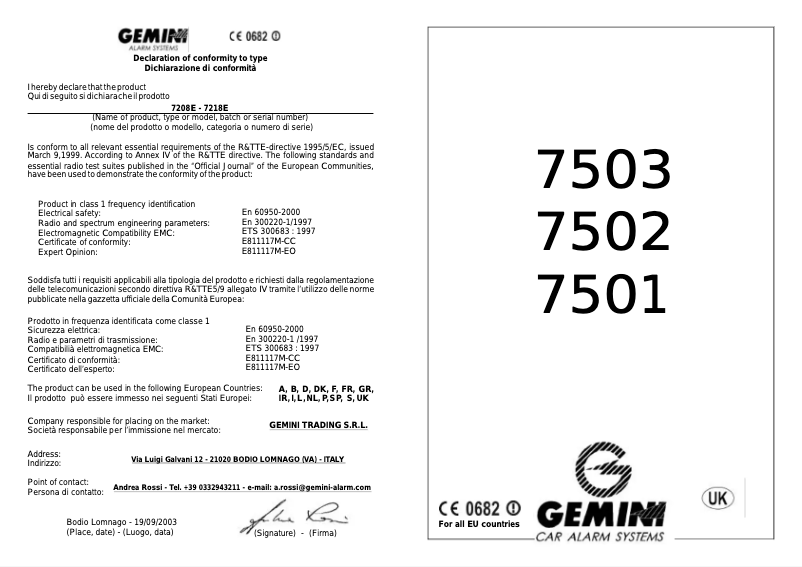 Page n°1 - Manuel utilisateur Gemini 7501