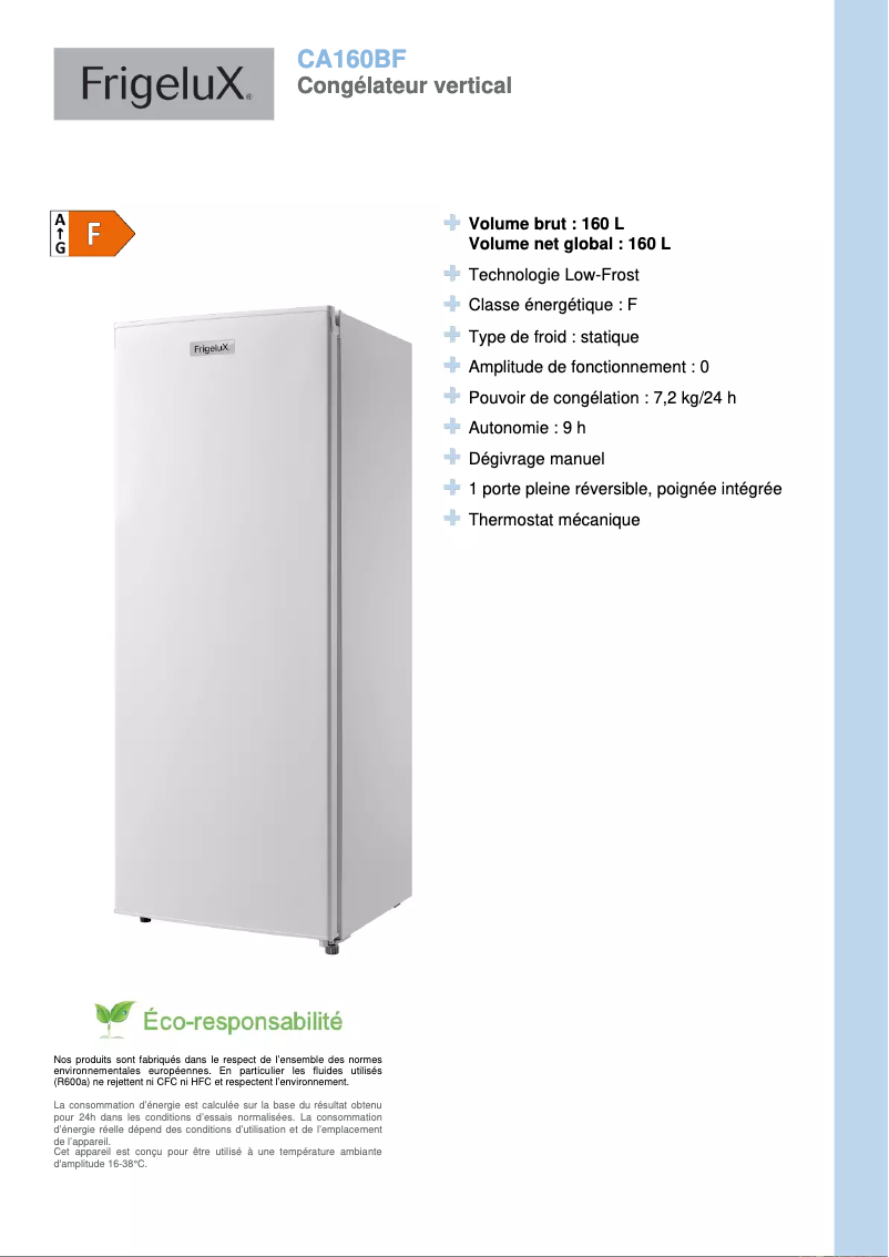 Página 1 del manual Ficha técnica FrigeluX CA160BF