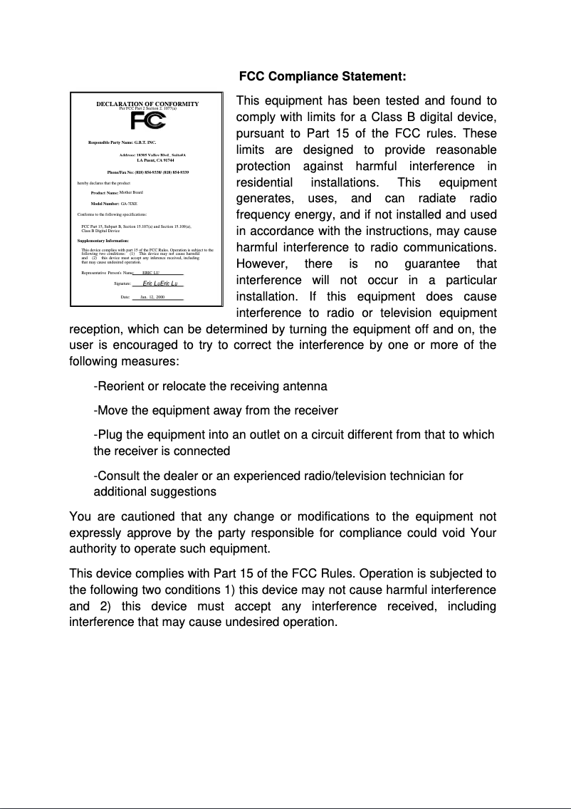 Page 1 de la notice Manuel utilisateur Gigabyte GA-7IXE