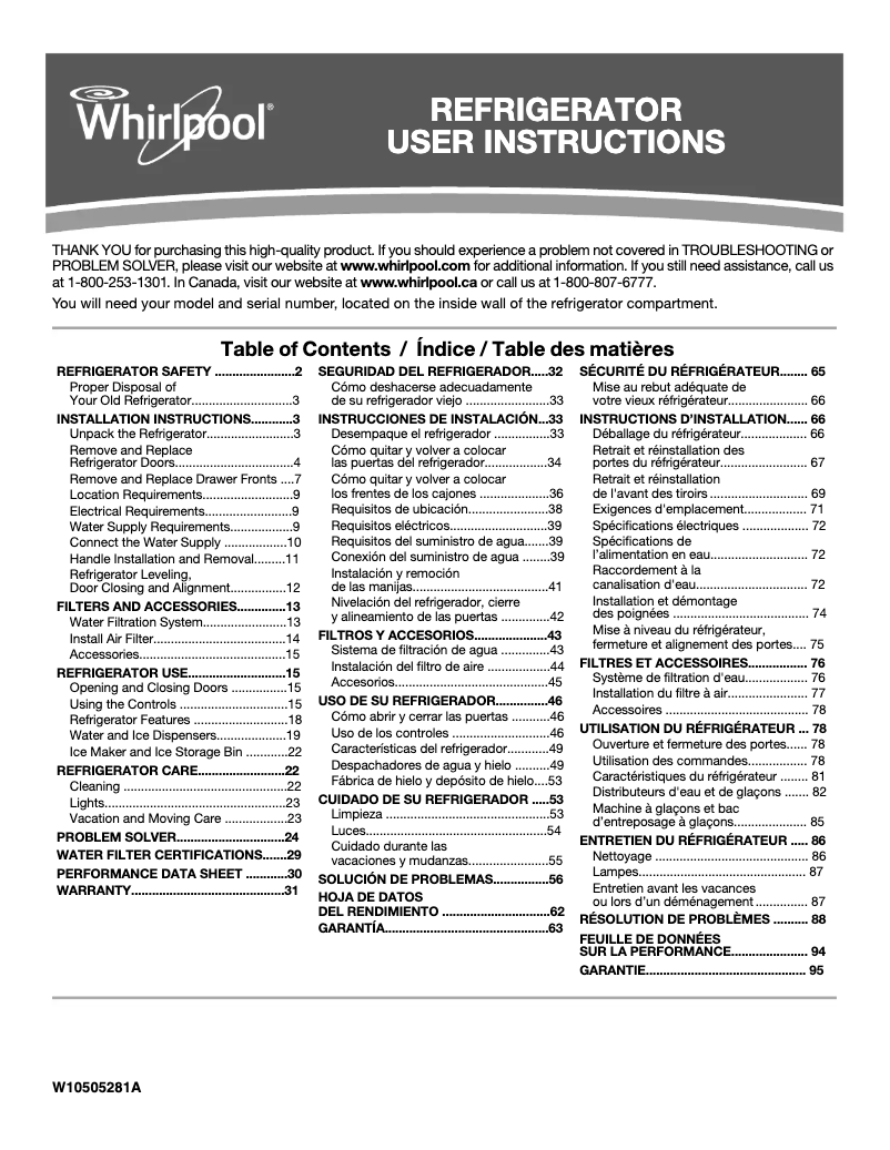 First page image of the manual for WRX986SIHZ