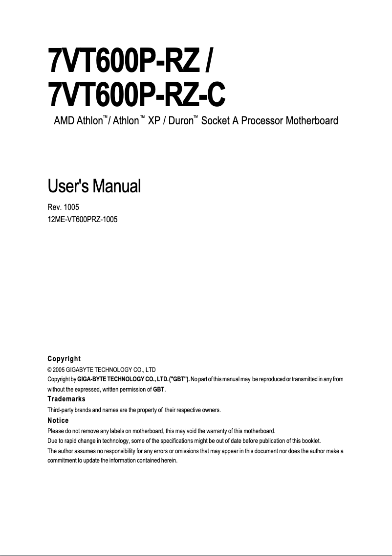 Page n°1 - Manuel utilisateur Gigabyte 7VT600P-RZC