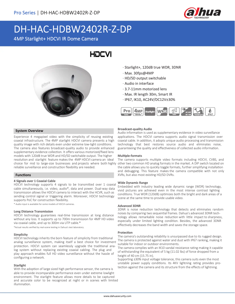Page n°1 - Fiche technique Dahua Technology HAC-HDBW2402R-Z-DP