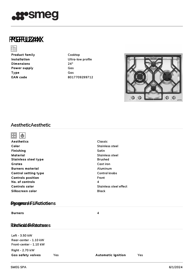 Page n°1 - Fiche technique Smeg PGFU24X