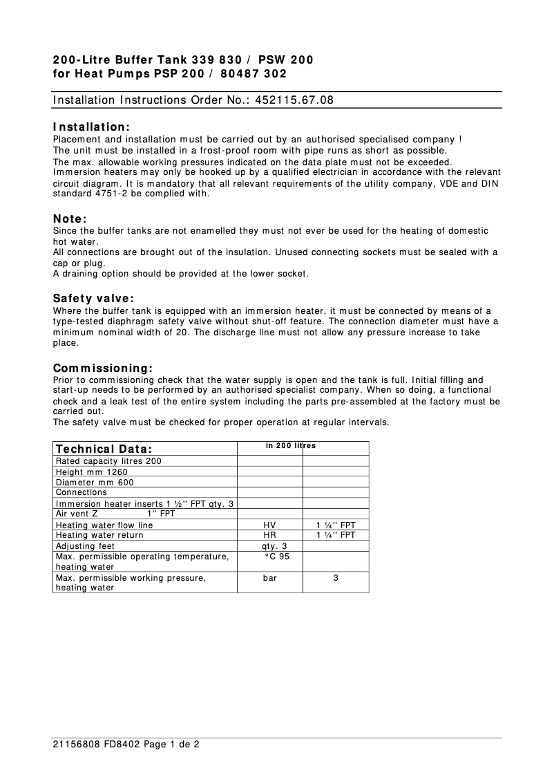 Page 1 de la notice Manuel utilisateur Dimplex PSW200