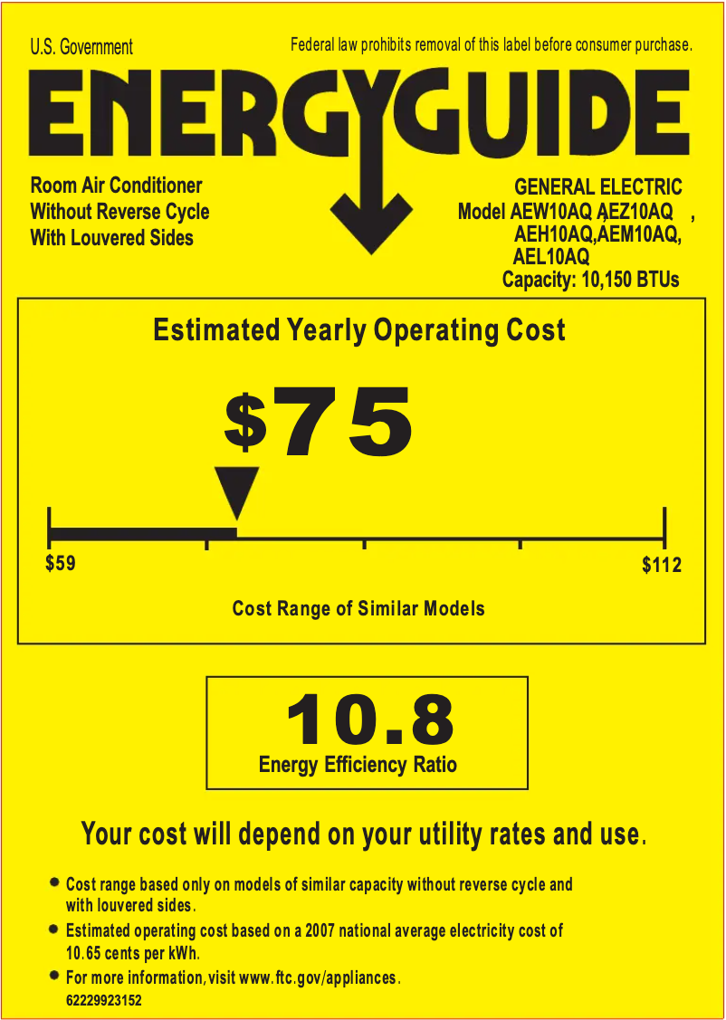 Page 1 de la notice Label énergétique GE AEL10AQ