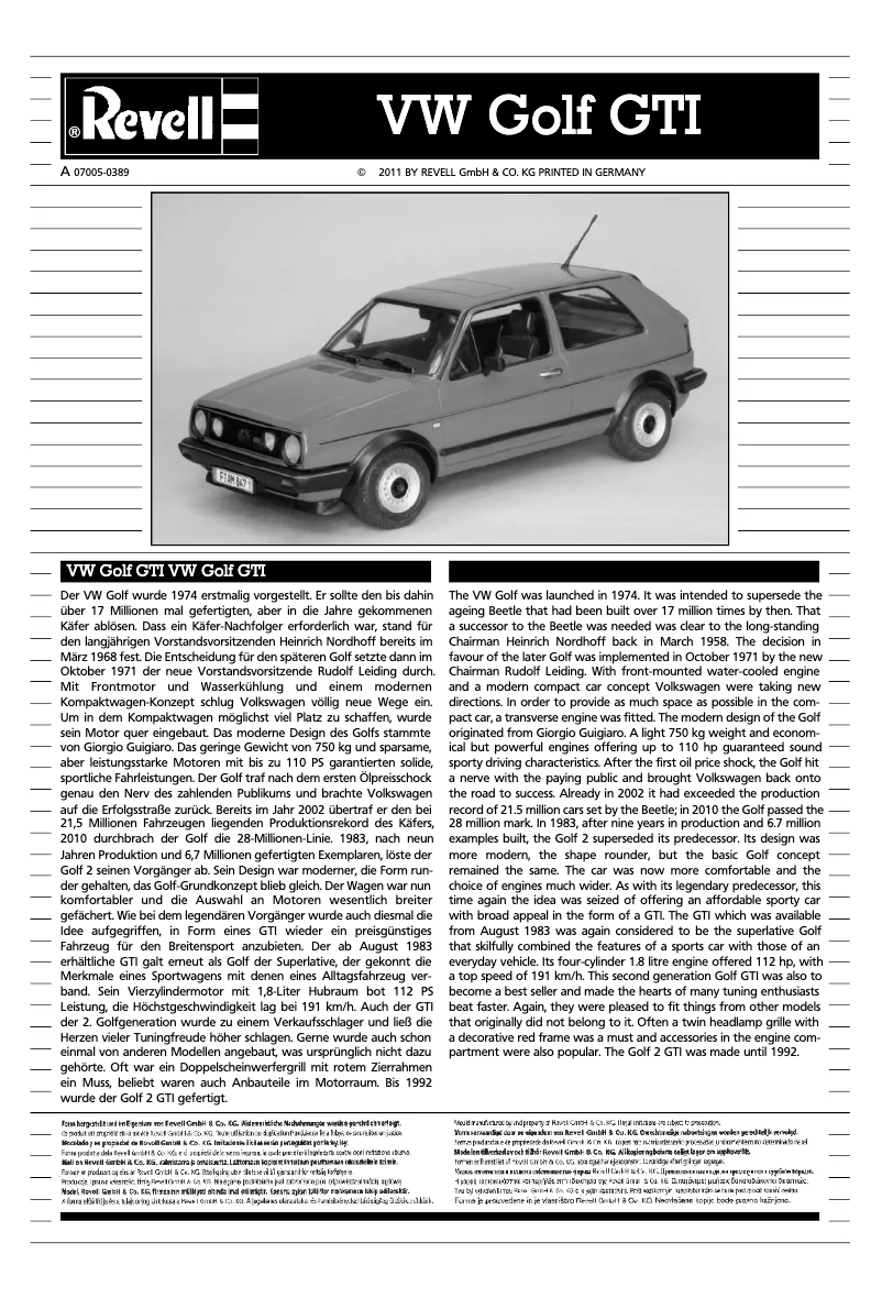 Page 1 de la notice Manuel utilisateur Revell VW Golf GTI