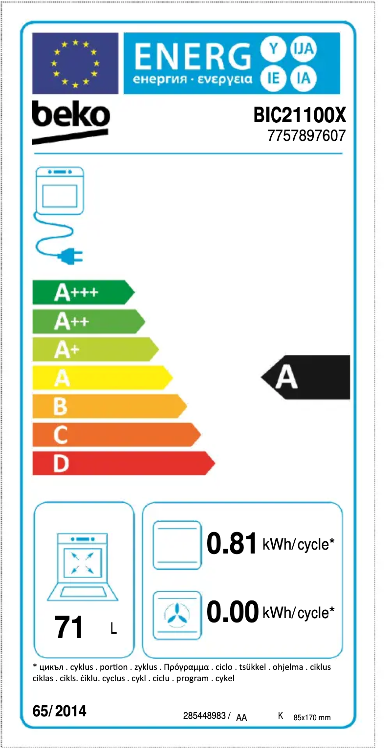 Page 1 de la notice Label énergétique Beko BIC21100X