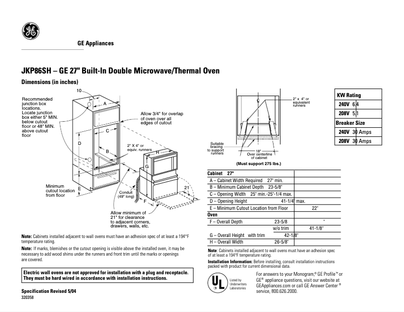 Page 1 de la notice Fiche technique GE JKP86SHSS