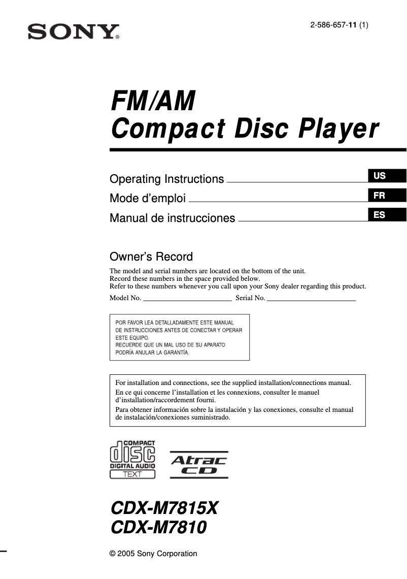 Page n°1 - Manuel utilisateur Sony CDX-M7810