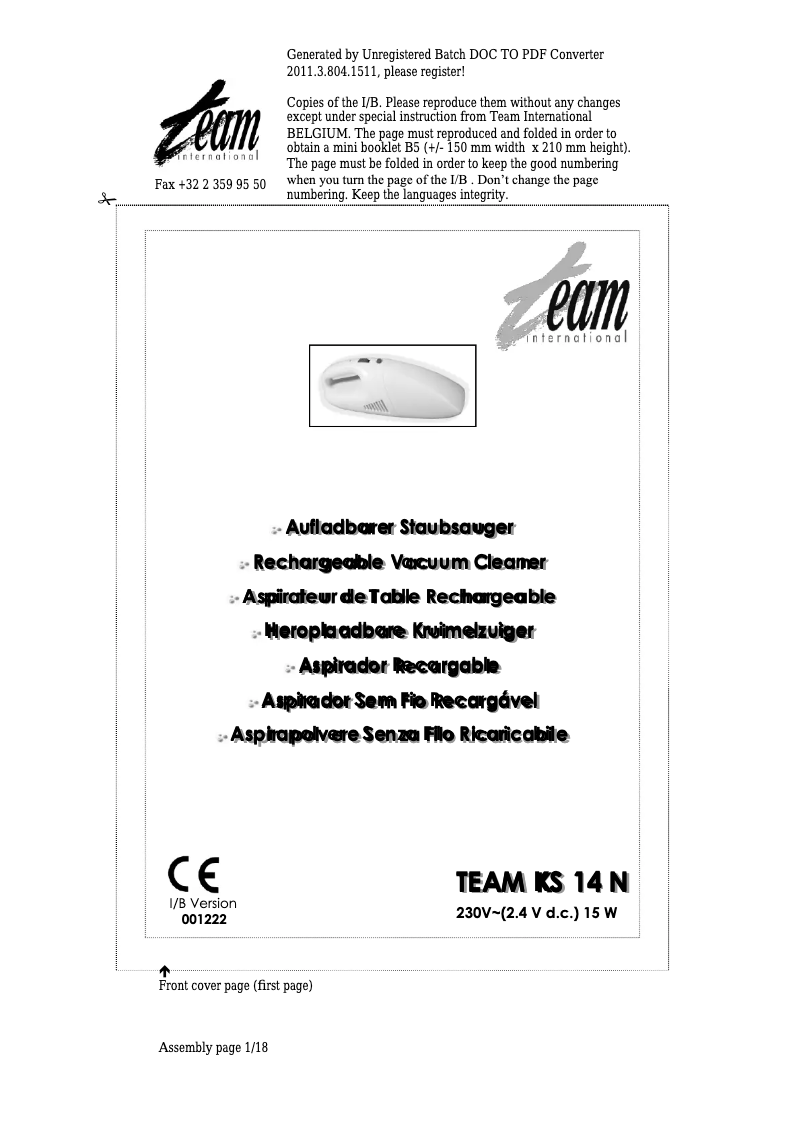 Page n°1 - Manuel utilisateur Team KS 14N