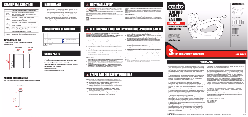 Page n°1 - Manuel utilisateur Ozito SNG-2050U