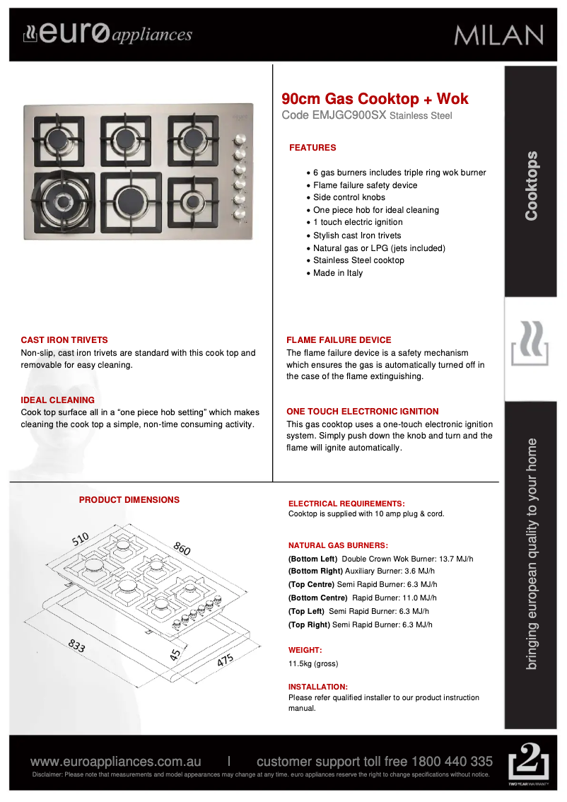 Page n°1 - Fiche technique Euro Appliances EMJGC900SX