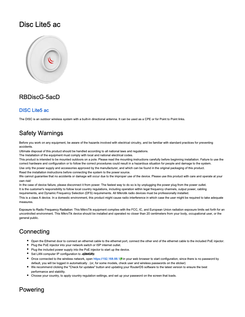 Page 1 de la notice Manuel utilisateur Mikrotik DISC Lite5 ac
