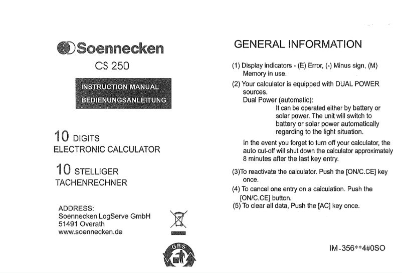 Page n°1 - Manuel utilisateur Soennecken CS250