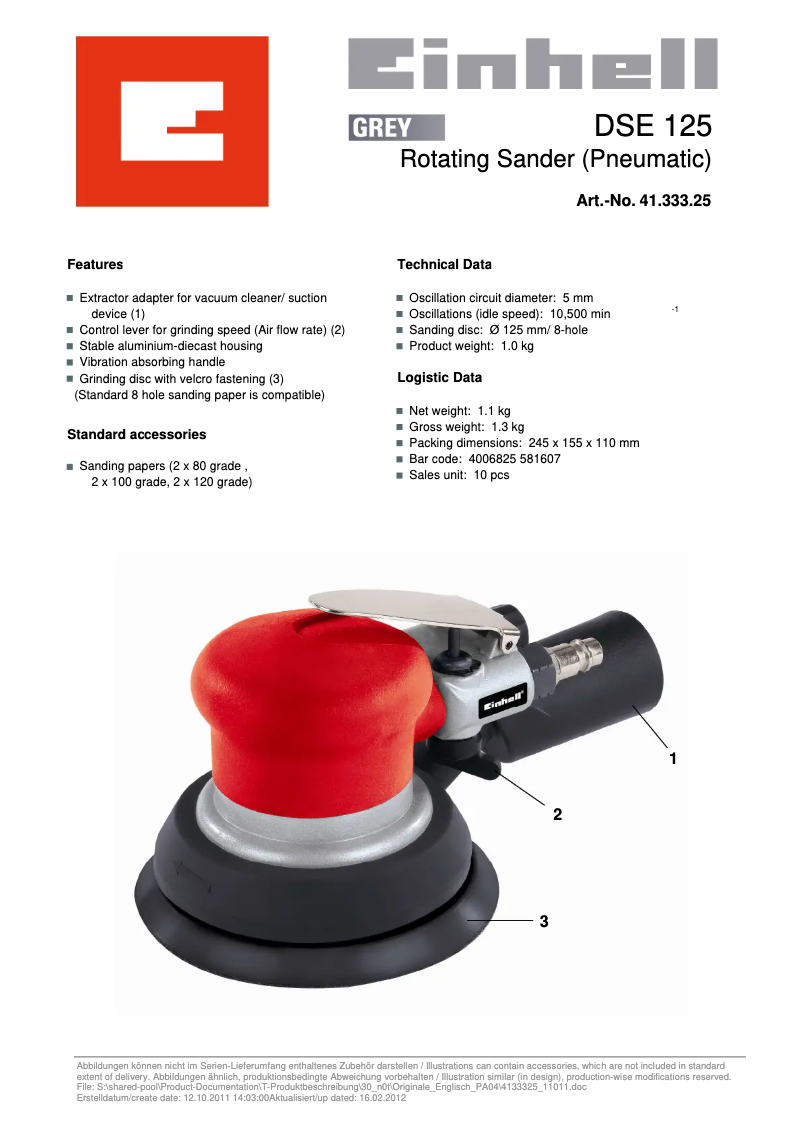 Page 1 de la notice Fiche technique Einhell DSE 125