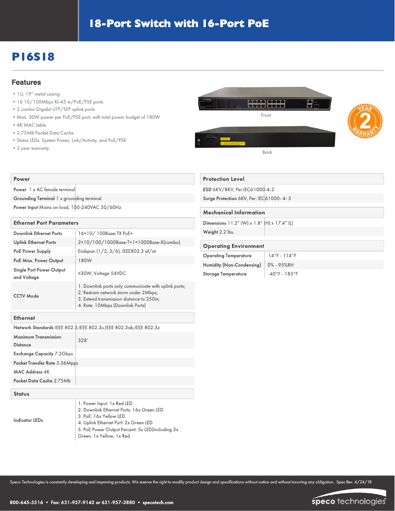Page 1 de la notice Fiche technique Speco Technologies P16S18