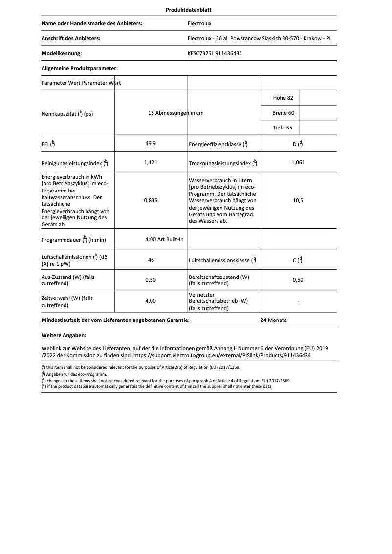Page 1 de la notice Fiche technique Electrolux KESC7325L