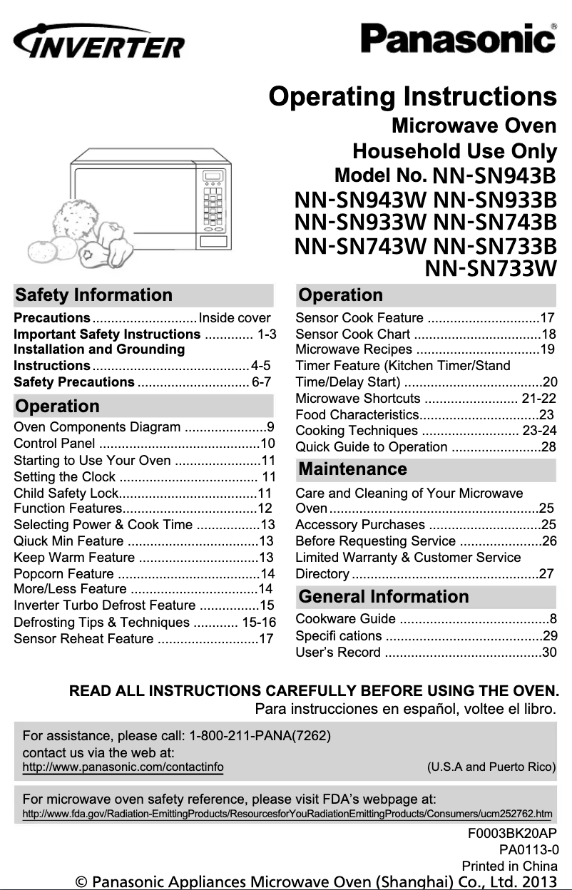 Page n°1 - Manuel utilisateur Panasonic Inverter NN-SN733
