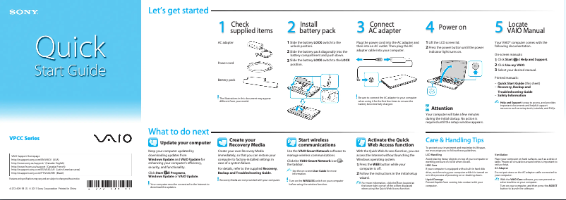 Page 1 de la notice Guide d'installation Sony Vaio VPCCB15FD
