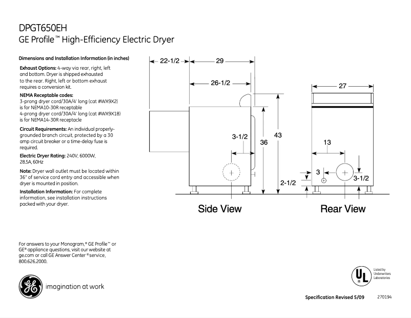 Page n°1 - Fiche technique GE Profile DPGT650EHMG