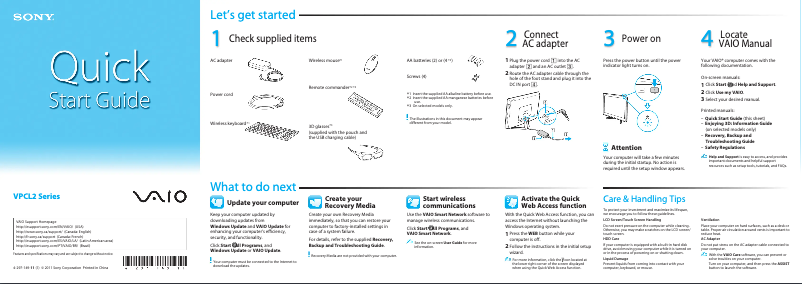 Page 1 de la notice Guide d'installation Sony Vaio VPCL235FX