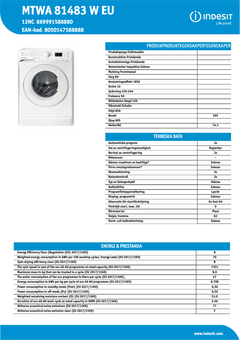 Page 1 de la notice Fiche technique Indesit MTWA 81483 W EU