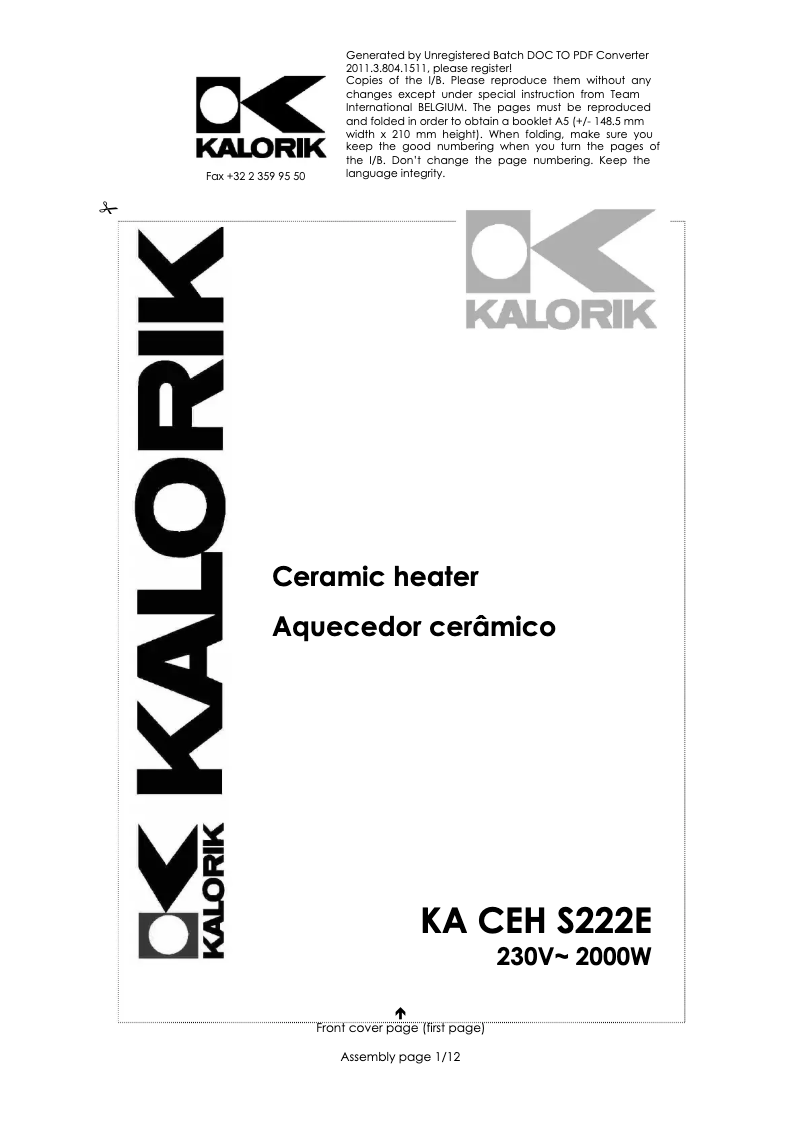 Page 1 de la notice Manuel utilisateur Kalorik KA CEH S222E