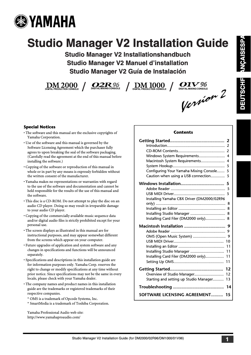 Page 1 de la notice Guide d'installation Yamaha 01V96I