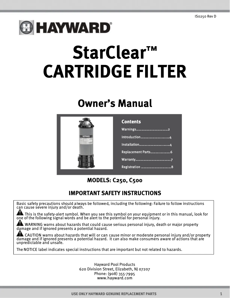 Page 1 de la notice Manuel utilisateur Hayward Starclear C250