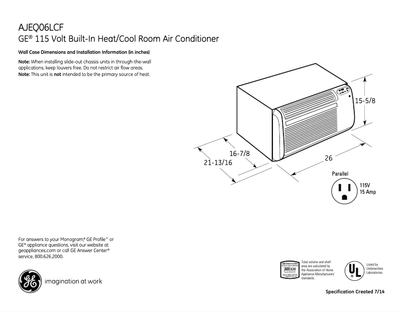 Page 1 of the manual Technical Sheet GE AJEQ06LCF