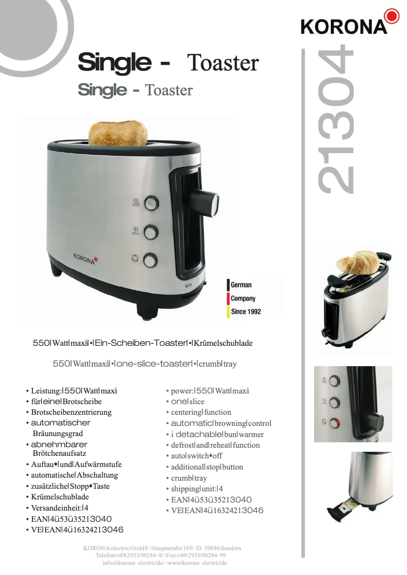 Página 1 del manual Ficha técnica Korona 21304