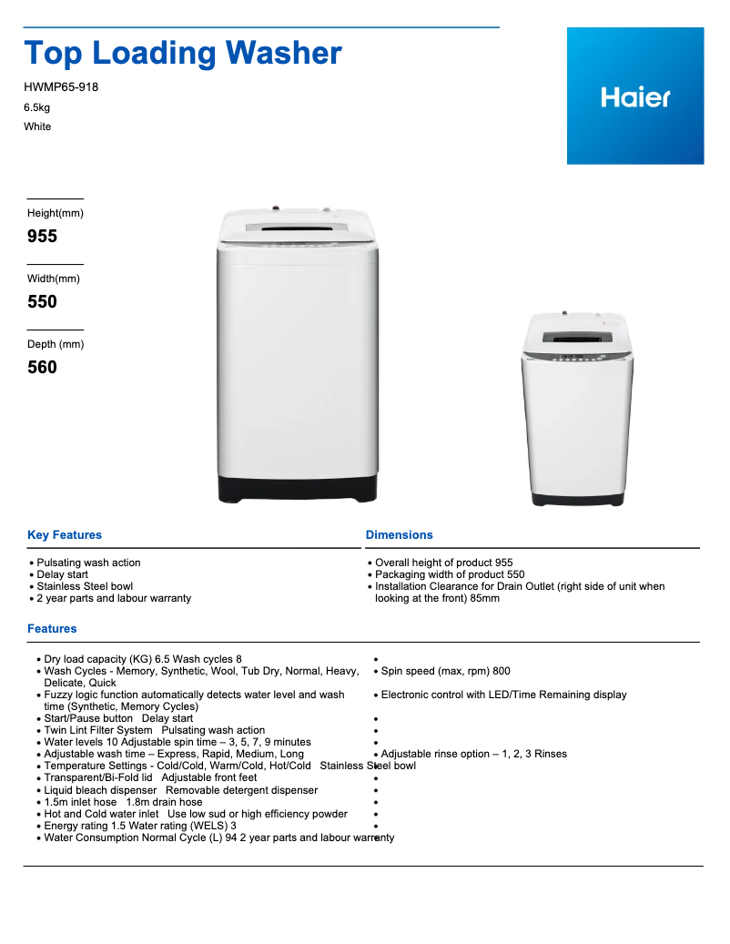 Image de la première page du manuel de l'appareil HWMP65-918