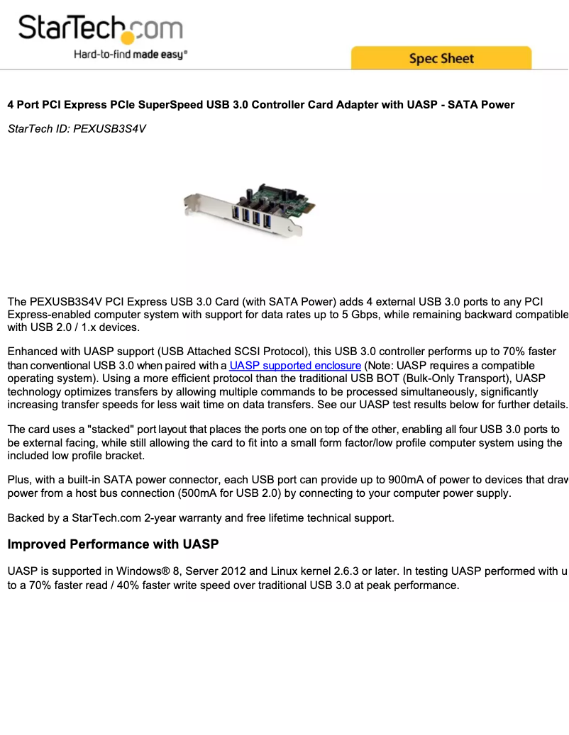 Page 1 de la notice Brochure StarTech.com PEXUSB3S4V