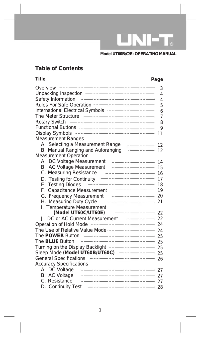Page n°1 - Manuel utilisateur Uni-T UT60E