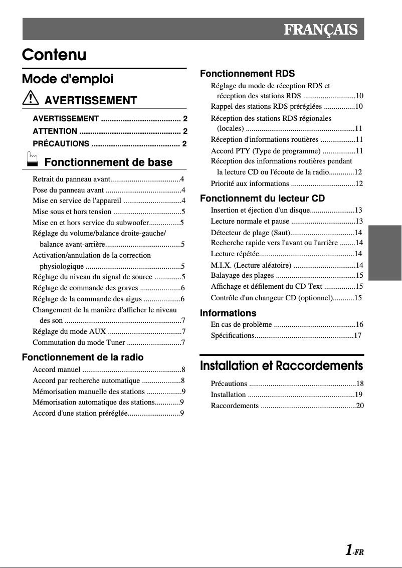 Page 1 de la notice Manuel utilisateur Alpine CDM-7858 RB