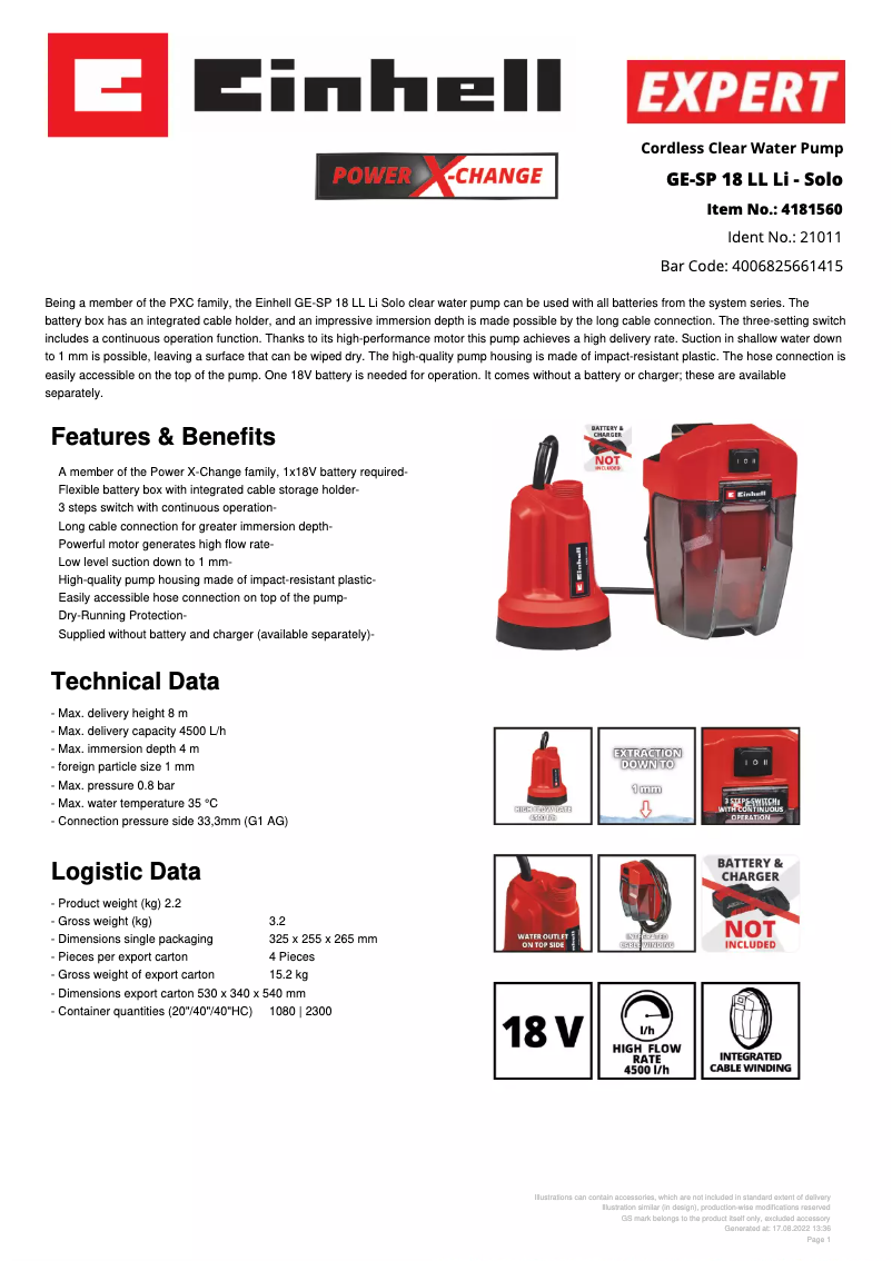 Page n°1 - Fiche technique Einhell GE-SP 18 LL Li