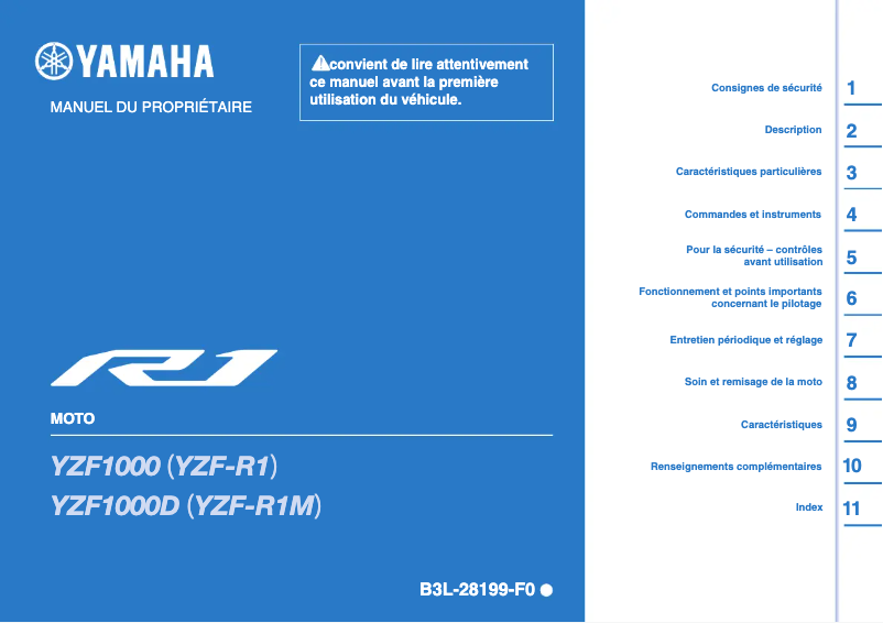 Image de la première page du manuel de l'appareil YZF-R1 (2020)