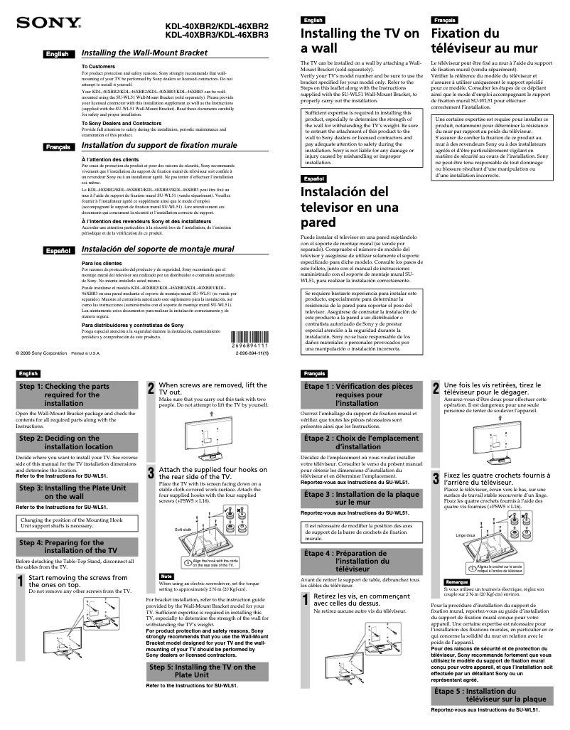 Page 1 de la notice Guide d'installation Sony Bravia KDL-40XBR2