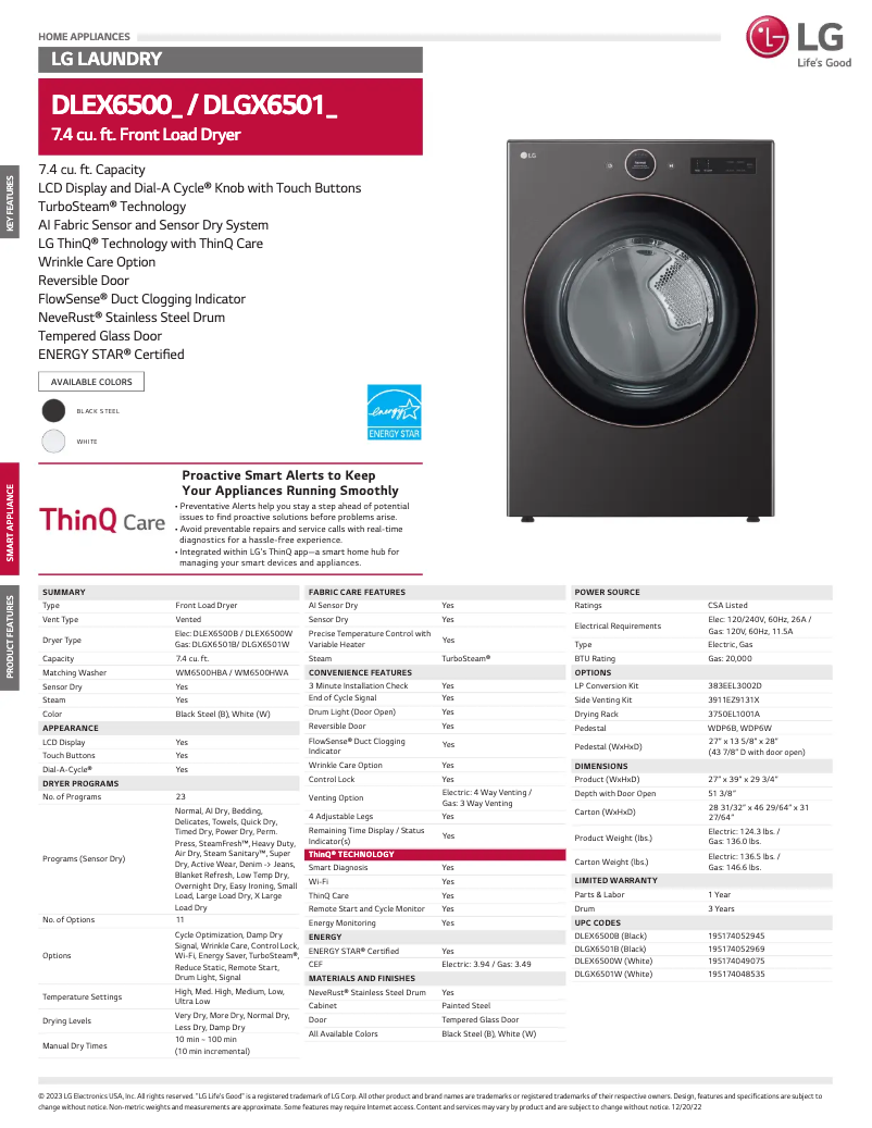 Page 1 de la notice Fiche technique LG DLEX6500W