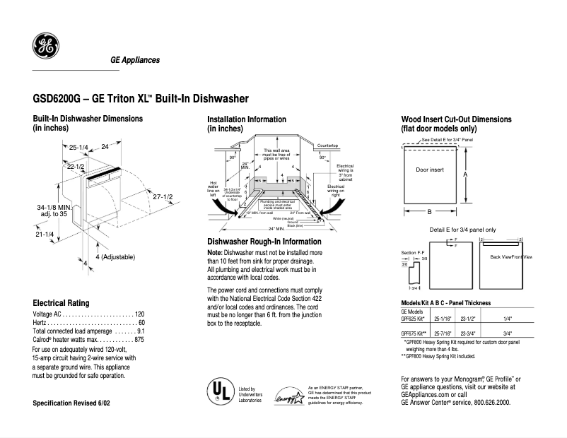 Page 1 of the manual Technical Sheet GE GSD6200GBB