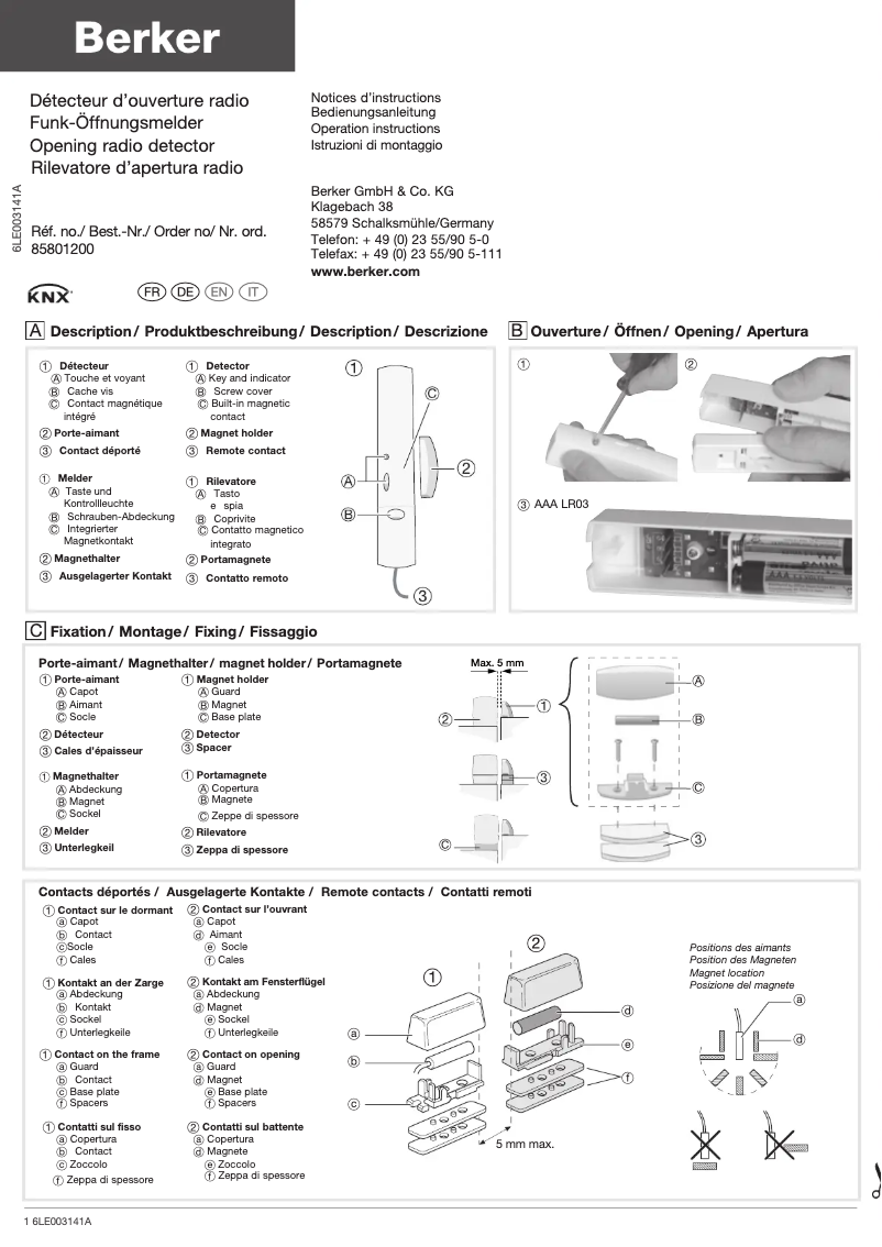 Page 1 de la notice Manuel utilisateur Berker 85801200