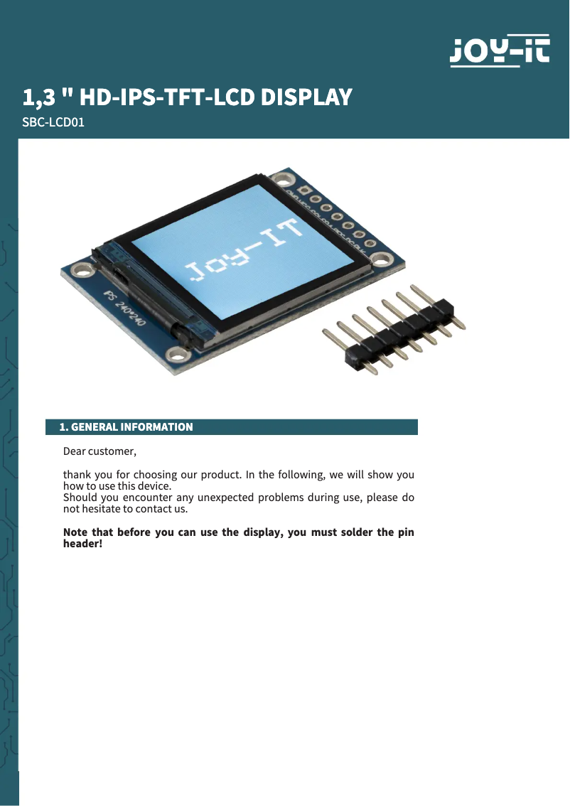 Page n°1 - Manuel utilisateur Joy-It SBC-LCD01