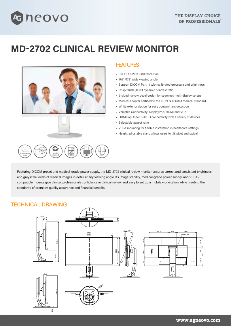 Page 1 de la notice Fiche technique AG Neovo MD-2702