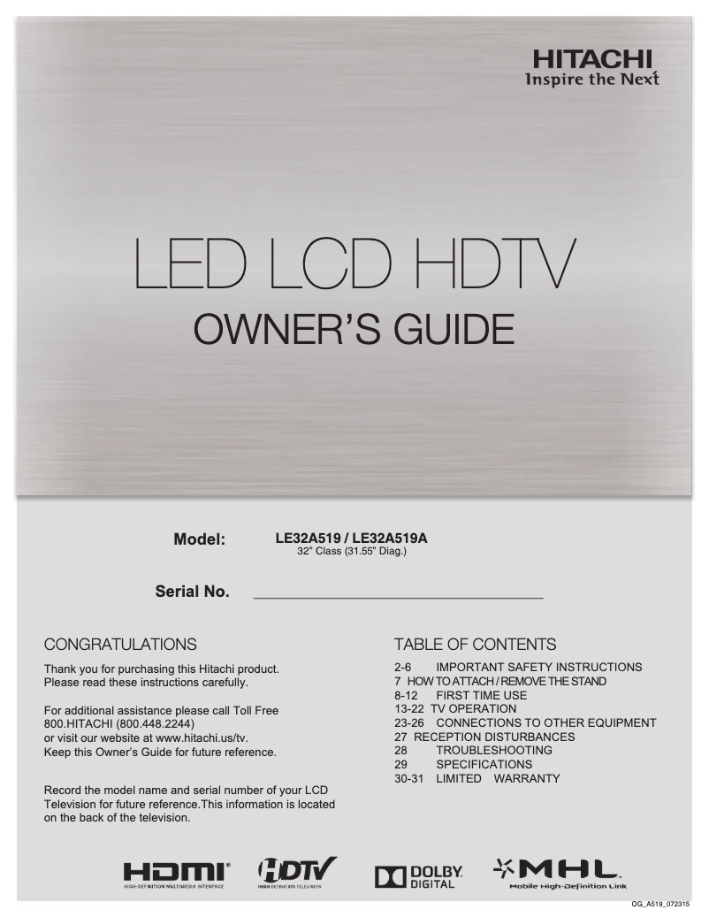 Page n°1 - Manuel utilisateur Hitachi LE32A519A