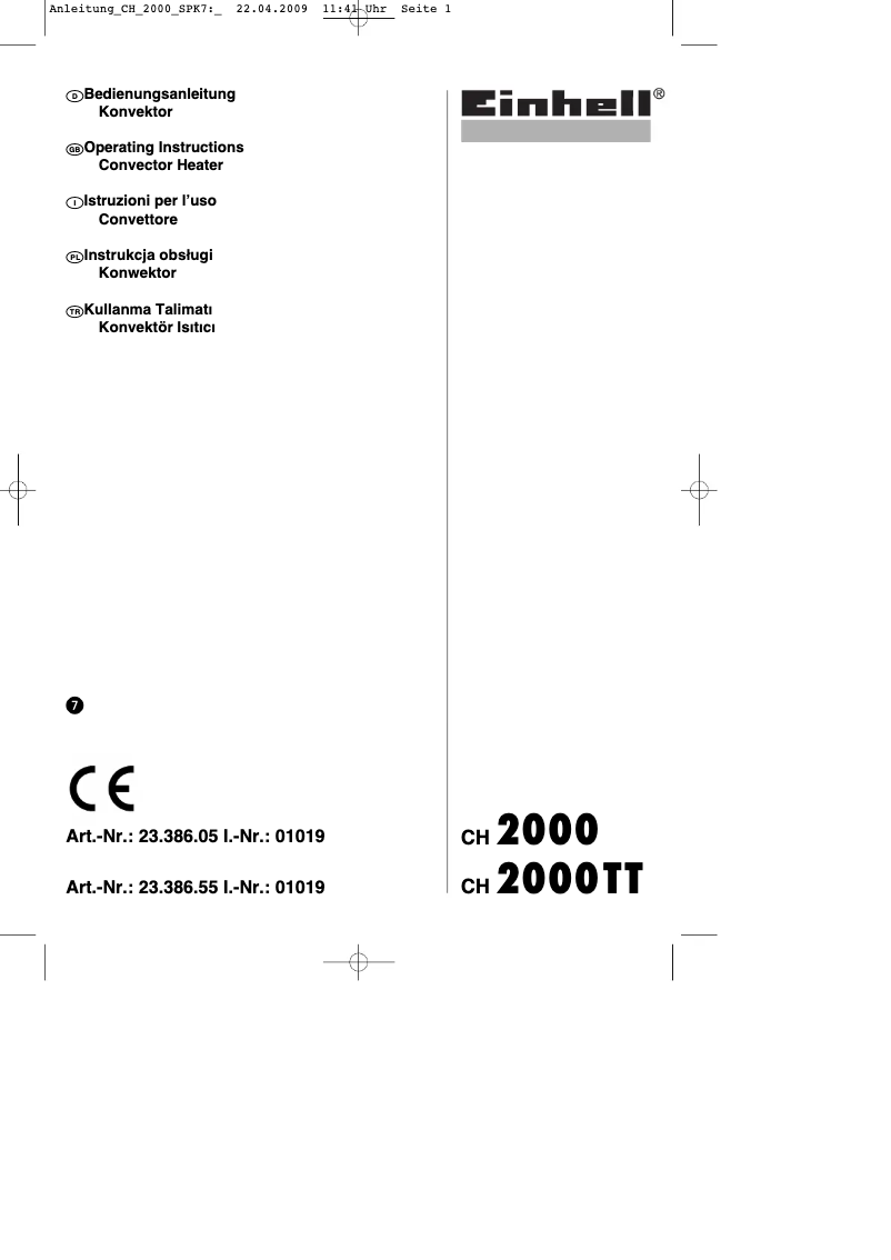 Page 1 de la notice Manuel utilisateur Einhell CH 2000 TT