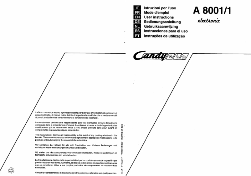 Page n°1 - Manuel utilisateur Candy A 8001