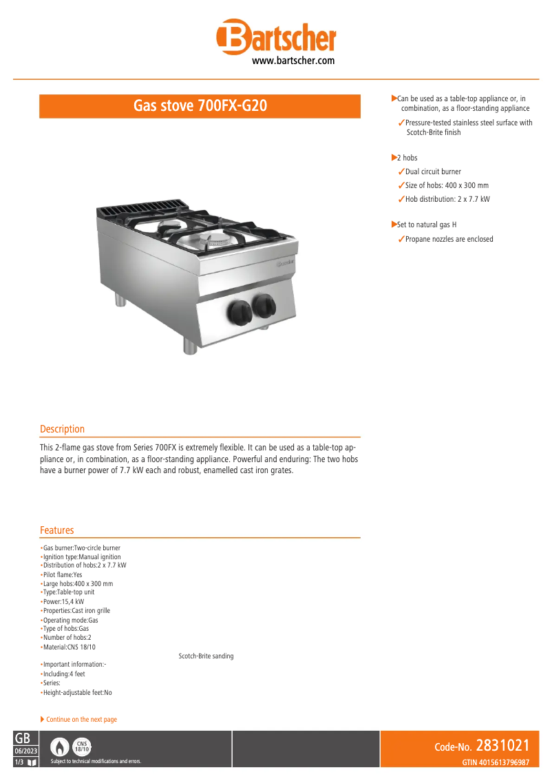Page 1 de la notice Fiche technique Bartscher 700FX-G20